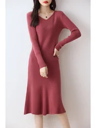 Autumn/Winter V-neck Mid Length 100%Wool Dress Women Slim Fit Knitted Bottom Fishtail Skirt Versatile Over the knee Long Sweater