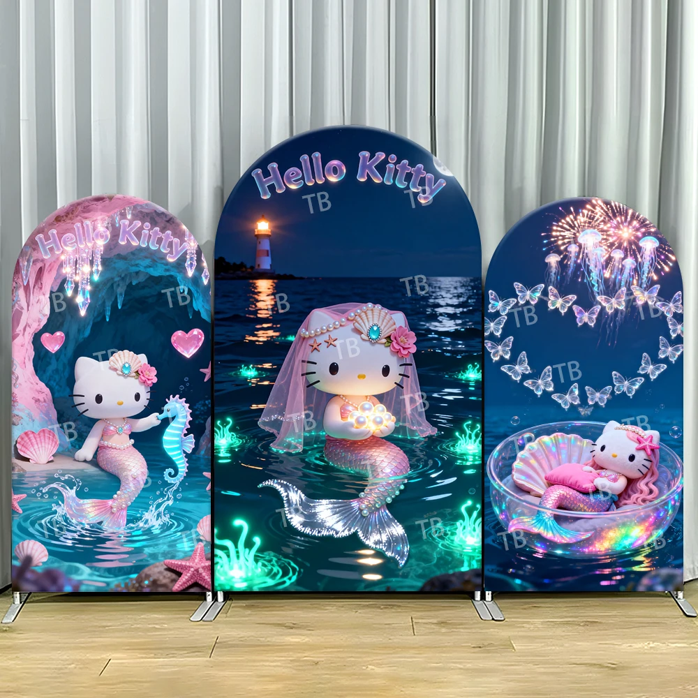

Sanrio Hello Kitty Mermaid Theme Arch Backdrop Cover Photo Booth Props Festive Background Supplies for Children Celebration
