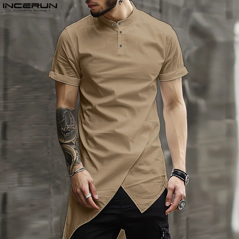 

INCERUN Men Irregular Shirt Solid Color Stand Collar Short Sleeve Summer Men Clothing Streetwear 2024 Fashion Casual Male Shirts