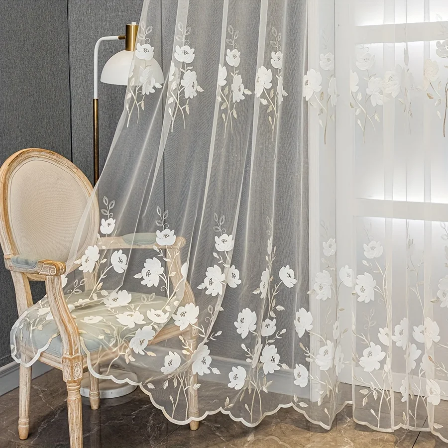 Cortina Transparente Moderna de Lujo con Bordado Floral, Cortina para Ventana de Sala de Estar o Dormitorio, Protección UV, Cortina Divisoria