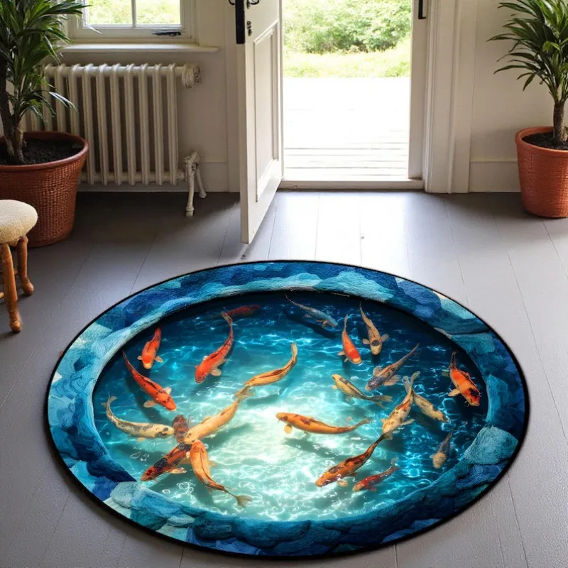 3D Visual Illusion Fish Round Carpet Water Waves Fish Home Decor Non-Slip Mat for Living Room Bedroom Indoor Decorative Mats