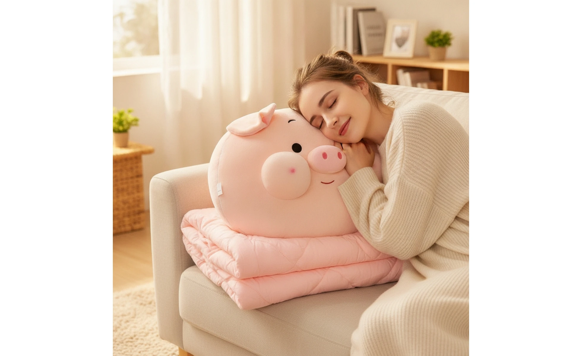 Pig Pillow with Blanket 2-in-1 Pig Cushion Blanket Bedding Soft Cute for Nappers, Car, Office