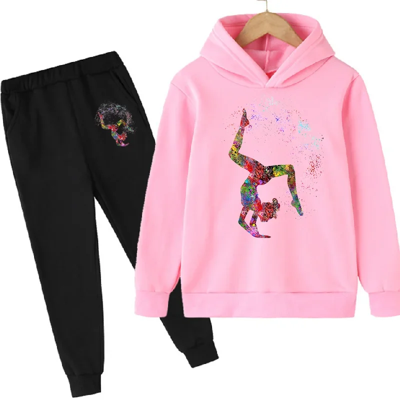 Conjunto de sudaderas con estampado artístico de gimnasia de acuarela para niñas, ropa de regalo de cumpleaños para amantes del gimnasio, pantalones con capucha y sudadera rosa