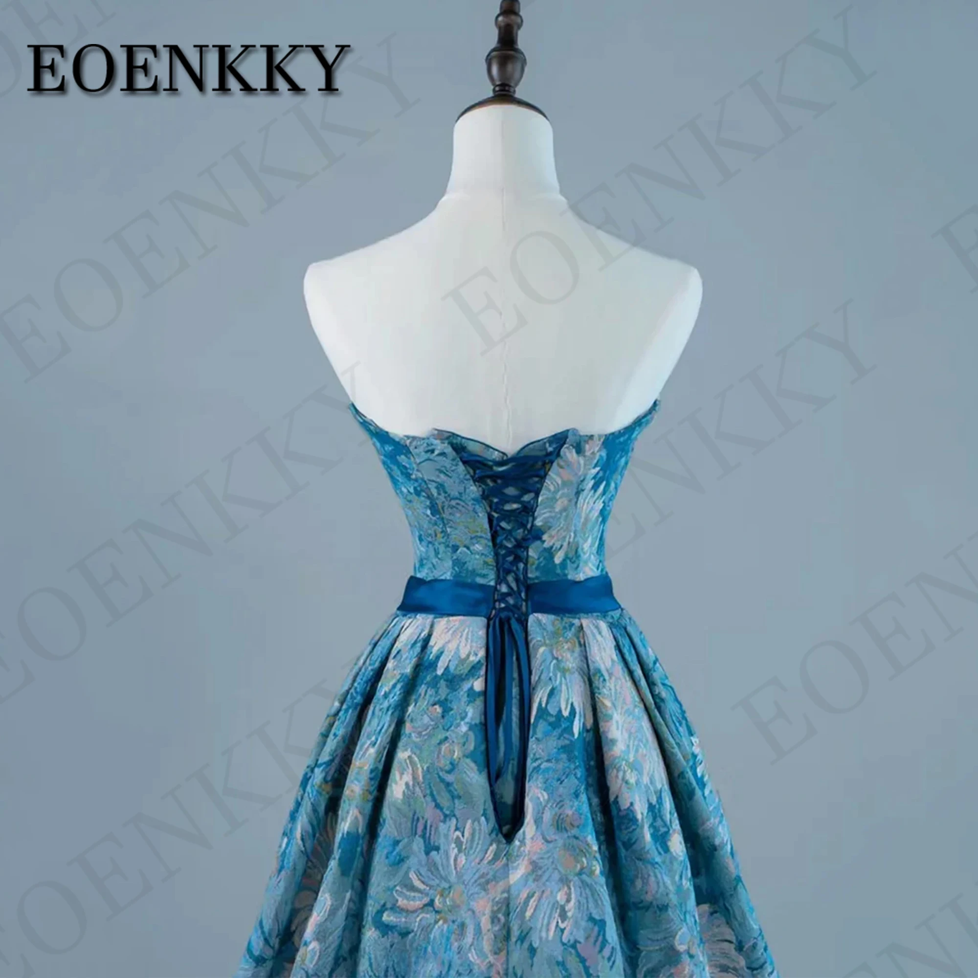 Short Blue Prom Dress korea Lady Birthday Strapless Mini Floral Print A Line Evening Party Dresses Open Back Real Photos 이브닝드레스