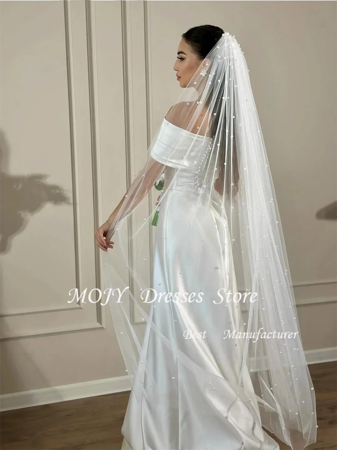 Mojy Satin A-Line vestidos de novia Exquisite Off The Shoulder Bridal Gown Ivory Pleat Wedding Dress Customized