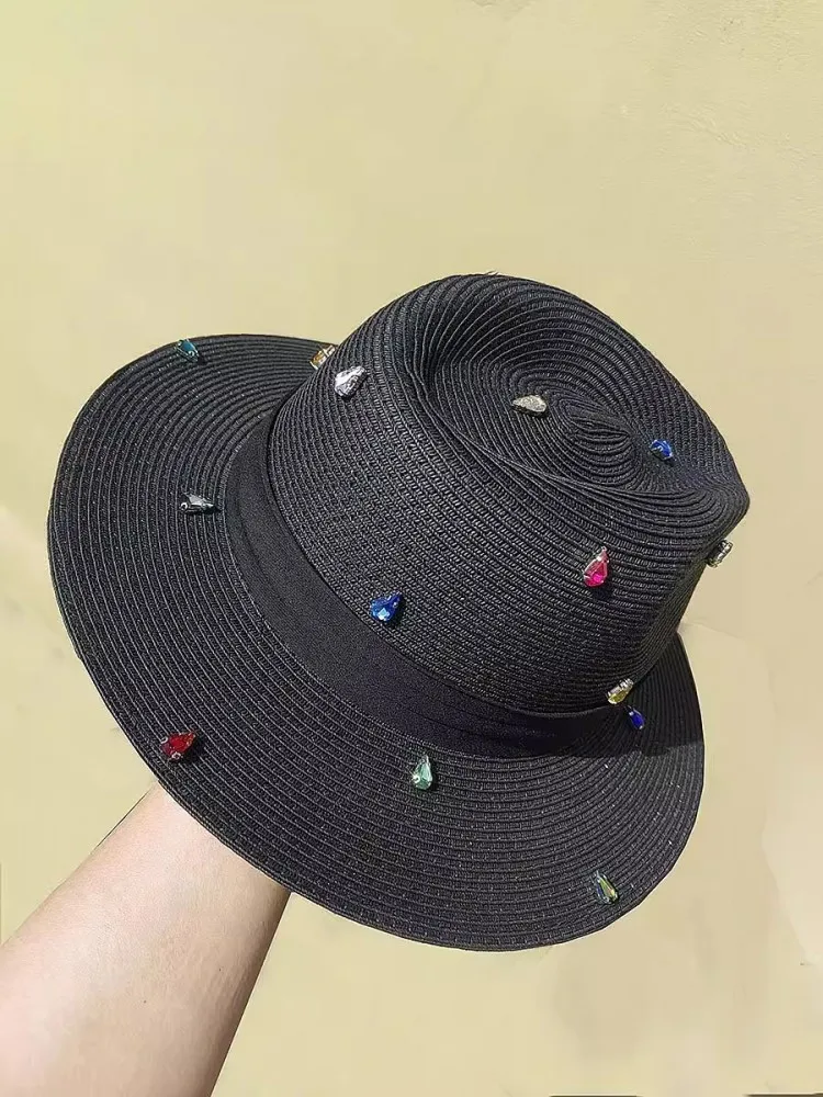 Vintage Summer New Women Diamonds Straw Hat Outside Travel Flat Brim Sun Protection Hat Casual Ladies Breathable Cap