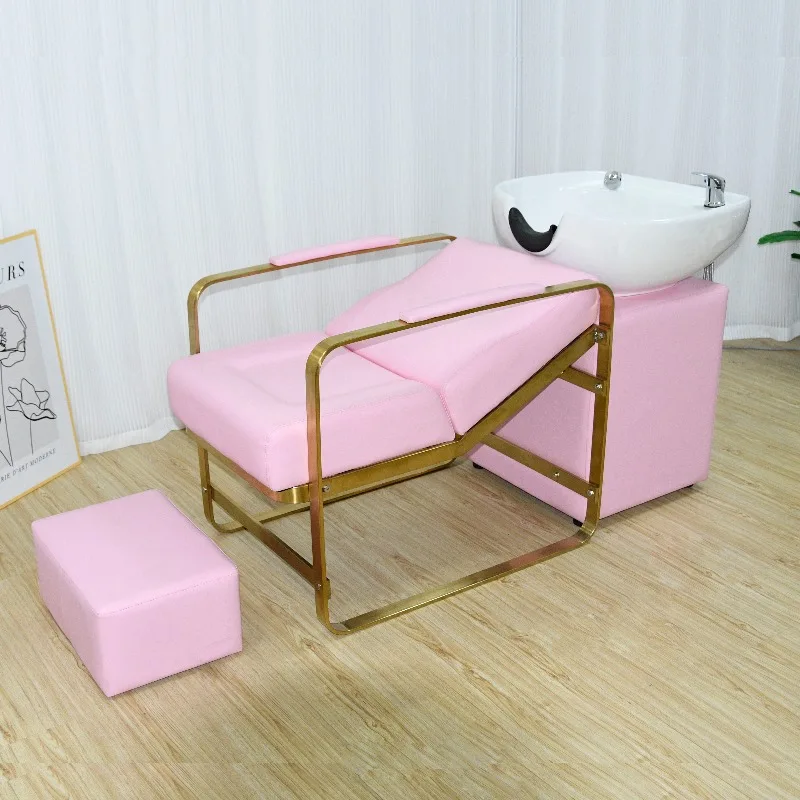 Modern Pink Shampoo Bowl Set for Hair Salon Reclining Backwash Unit with Ceramic Basin Chairs Cheap Furniture with Stylish Sink