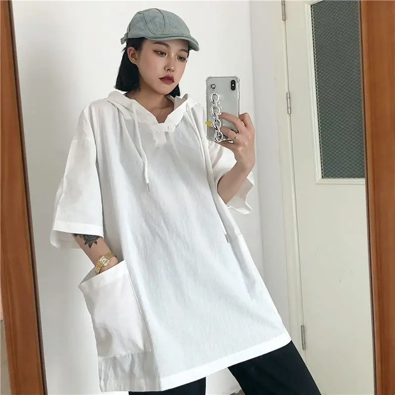 Vintage Loose All-match Tops Tees Summer New Short Sleeve Solid Hooded Street Casual T Shirts Harajuku Trend Women Clothing