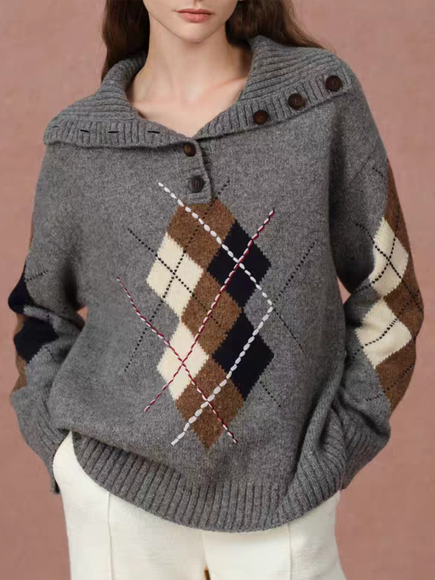 Ele Damen-Strickpullover mit besticktem Rautenmuster, College-SLE-Top, mittellang, S Sve, lange Strickwaren für Herbst und Winter