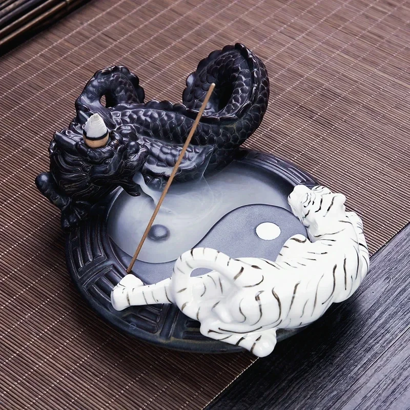 

Feng Shui Eight Diagrams Ornament, Backflow Incense Censer, Lucky Dragon and White Tiger Ceramic Censer, Elegant Home Decor