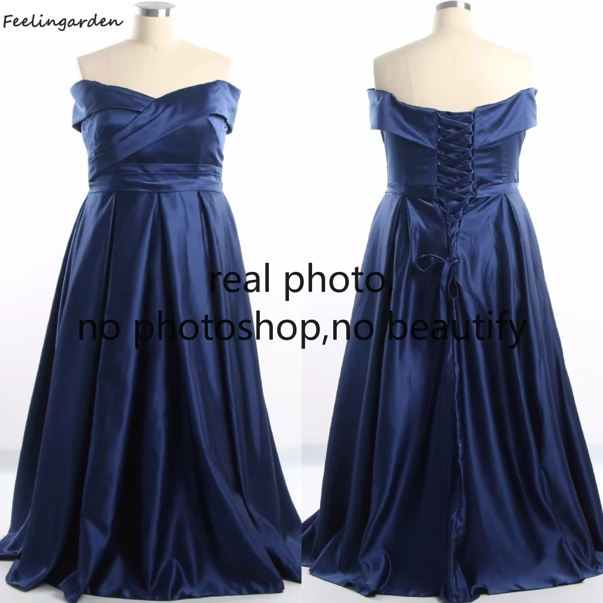 Feelingarden Customized Evening Dresses Navy Blue Stain Off the Shoulder A-line Floor length Plus size Women Party Formal Gowns