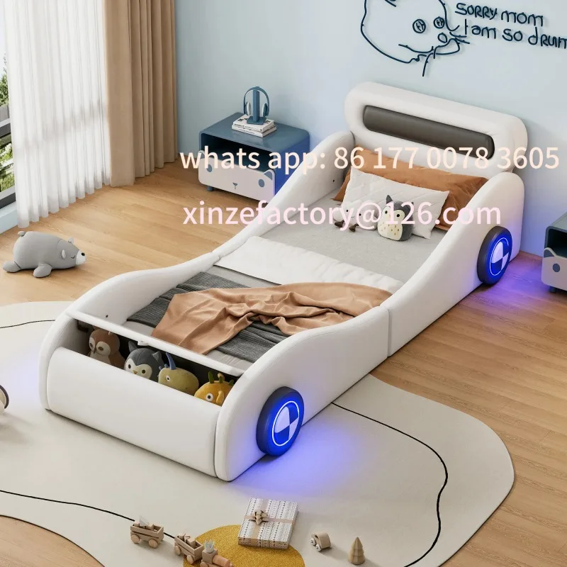 سرير أطفال فردي على شكل سيارة قابل للتخصيص، سرير أطفال مقاس 90 × 200 سم مع عجلات مضيئة ومساحة تخزين، PU للشباب #4