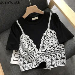 Fake Two Tshirts Women's Clothing Korean Summer Tees Crop Tops Ropa Mujer Patchwork Lace Casual Short Sleeve Fashion T Shirts