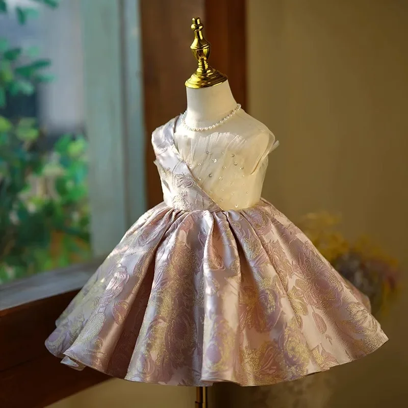 Robe de Princesse Plissée à Col Rond Personnalisée pour Enfant, Vêtement Imprimé en Fibre de Fleur, Patchwork en Maille, Motif Floral Fin, pour Anniversaire