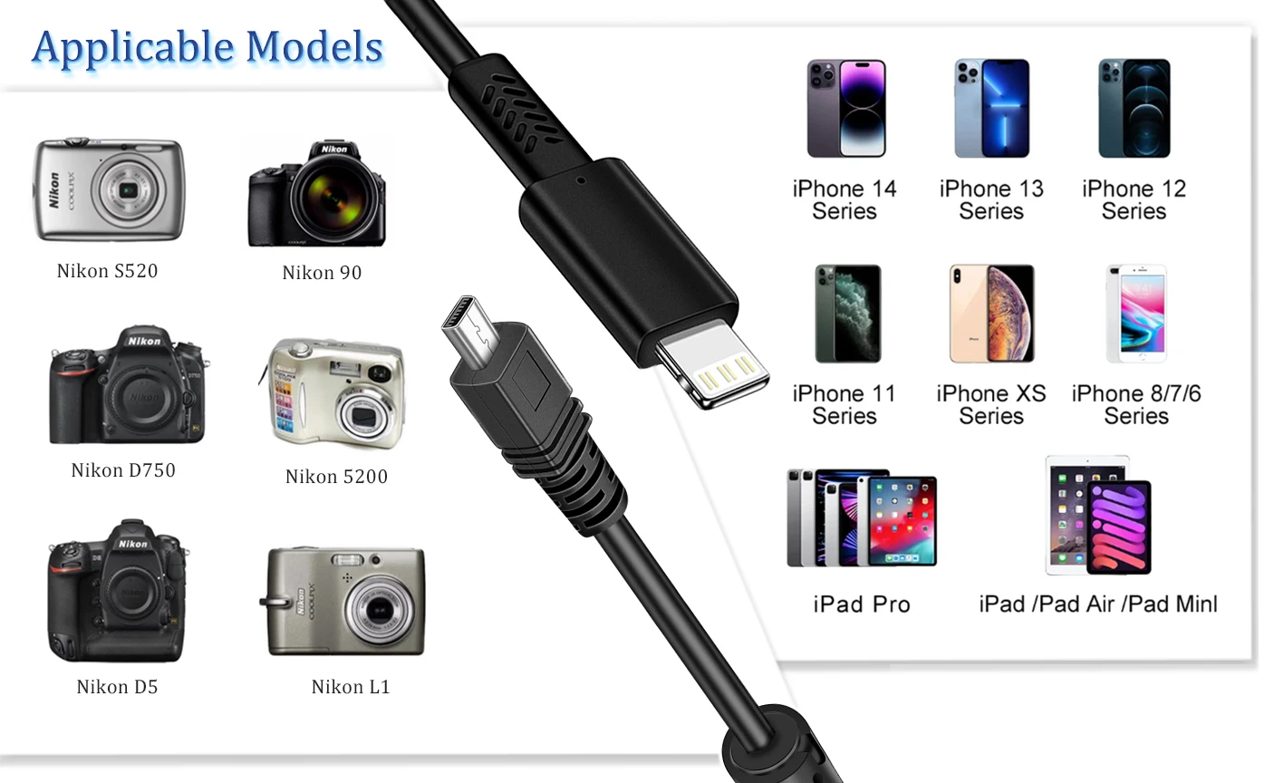 Nikon Camera to iphone OTG cable to download photos from Nikon camera to phone for iphone 14,13,12,11,8,7,6,XS,ipad Pro