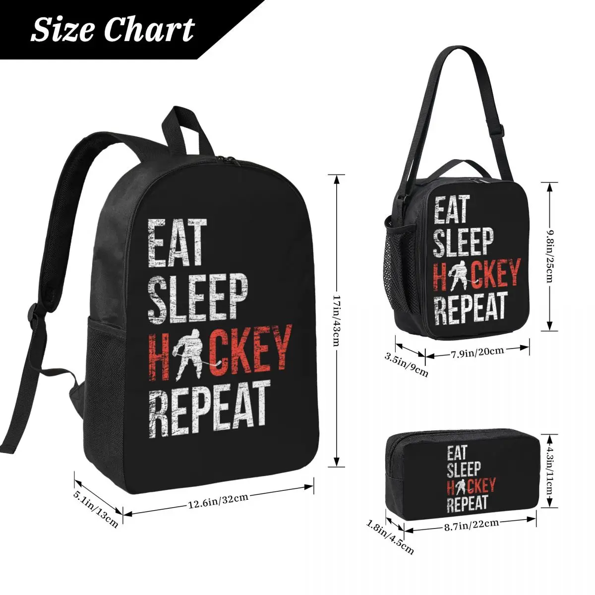 Eat Sleep Hockey Repeat Youth Ice Hockey Backpack BookBag School Bag Laptop Shoulder Bags 3ps Insulated Lunch Bag Pencil Case