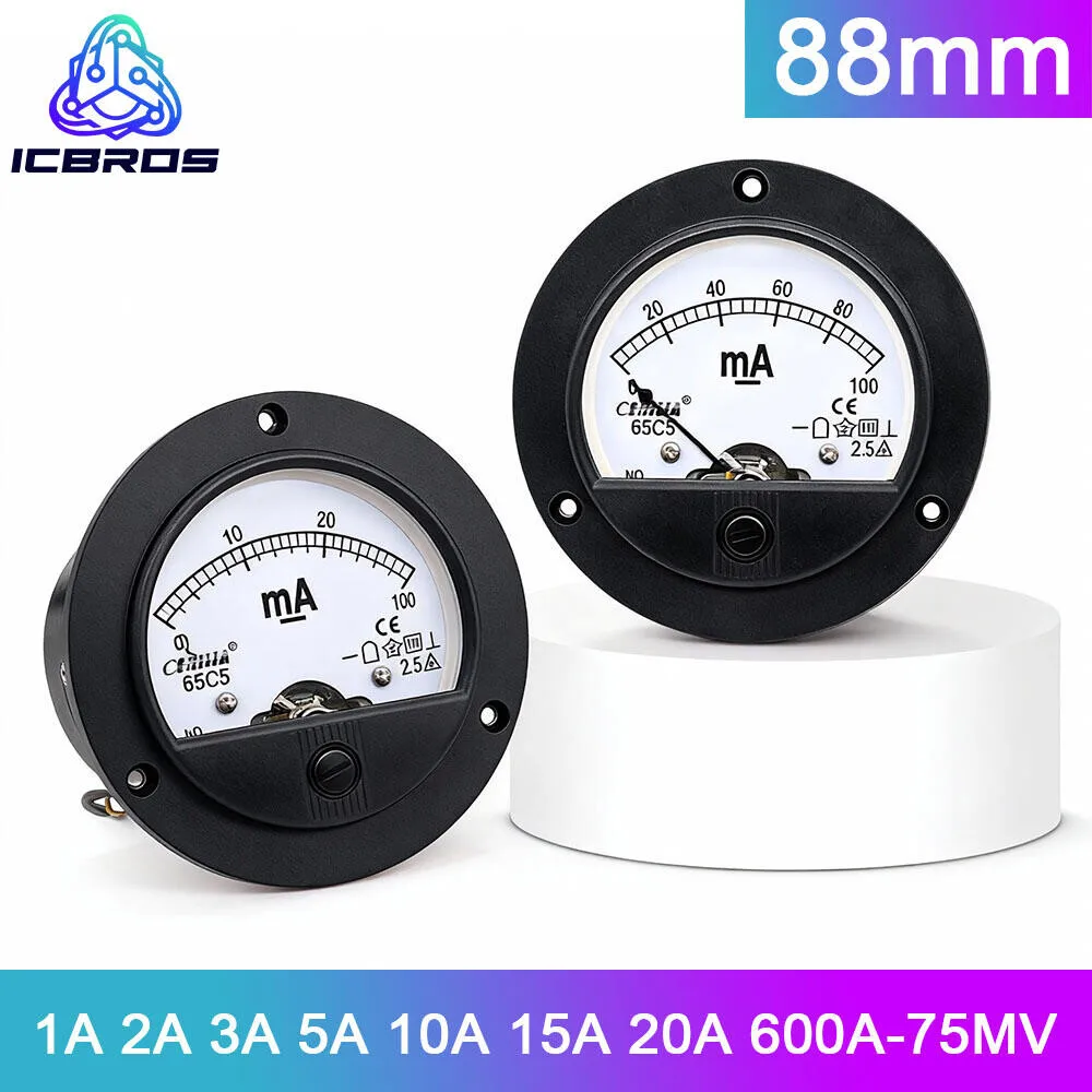 Circular Pointer 65C5 DC Ammeter 1A 2A 3A 5A 10A 15A 20A 600A-75MV 88mm 70mm