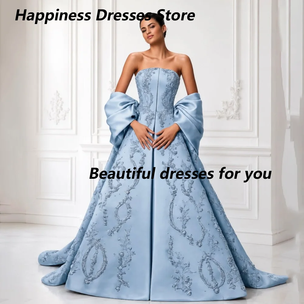 Vestidos de satén azul claro personalizados sin tirantes con apliques florales para la madre de la novia, vestido de gala con mangas abullonadas para invitadas de boda