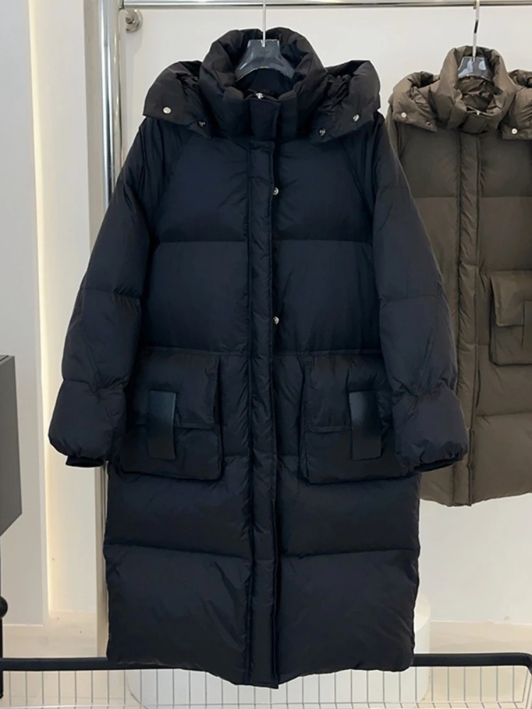 Dames 2025 Nieuwe Capuchon Knielengte Losse Puffer Brood Jas Vrouwen Winter Dikker Warme Waterdichte Eendendons Jas Pluizige Parka