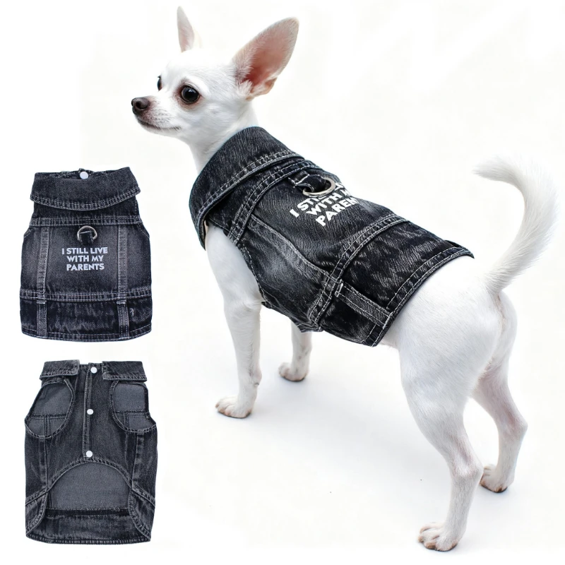 New Letter Printed Dog Jean Jacket for Small Medium Dogs, Spring Autumn Pet Clothes Cool Black Denim Coat Durable Denim Costume