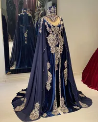 Navy Blue Mermaid Evening Dresses Beading lace embroidery Kaftan caftan Chiffon velvet cape jacket Prom Gowns customsized