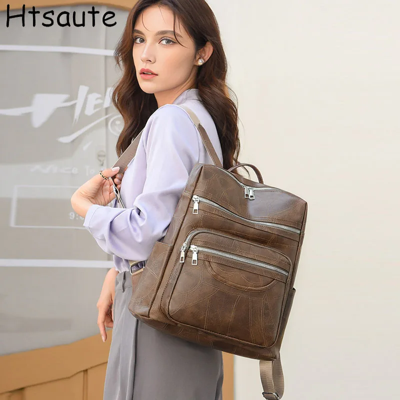 Nowe Plecaki Damskie Skórzane PU Wodoodporne Antykradzieżowe Designerskie Duże Retro Plecaki Szkolne Podróżne Torby na Ramię Portfel Brązowe