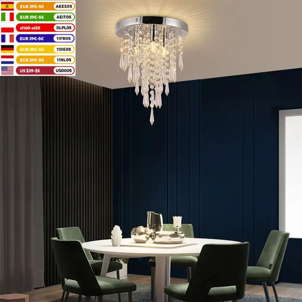 3-Light Modern LED Crystal Chandelier Flush Mount Light Pendant Ceiling Lamp Fixture Living Room Restaurant Corridor Home Decor