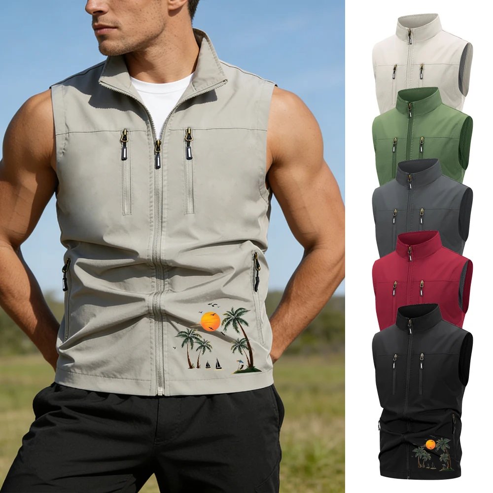 Men's Beach Print Stand Collar Vest With Mesh Lining Breathable And Windproof Casual Sleeveless Vest With Zippered Pockets