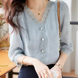 2024 New Summer Oversized Sexy Chic Solid Color Loose Office Lady Women's Shirt Retro Lace Irregular V Neck Short Sleeve Tops