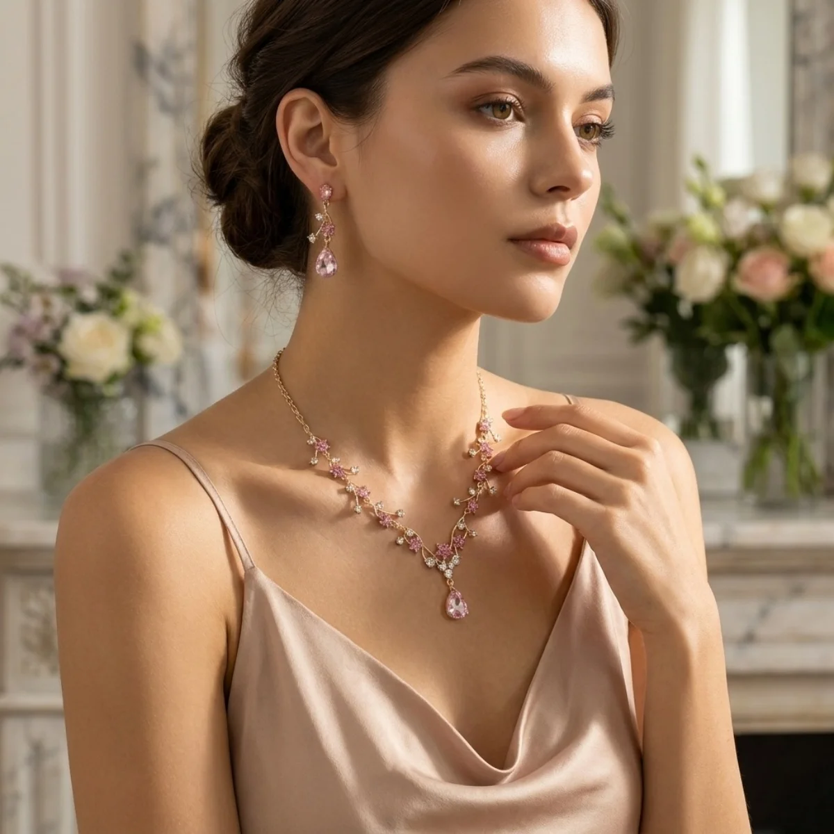 

Luxury Colorful Rhinestone Flower Waterdrop Necklace Earrings Set For Women Men Elegant Star Floral Wedding Fashion Jewelry Set