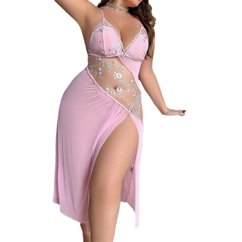 New Nightdress Pure Desire Sexy Hollow Irregular Embroidery  Europe The United States Cross-border Flowers Long Code Nightdress