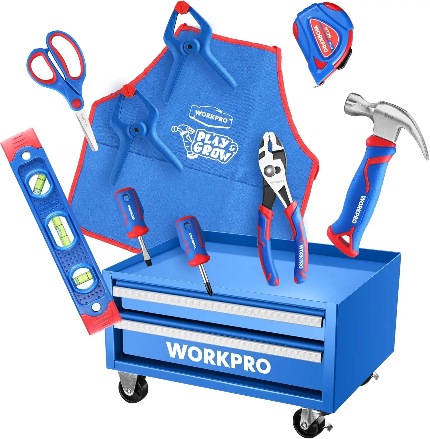 

12-Inch Steel Tool Chest with Wheels, 10PCS Kids Real Tool Set, Blue Rolling Box for DIY & Home Repair