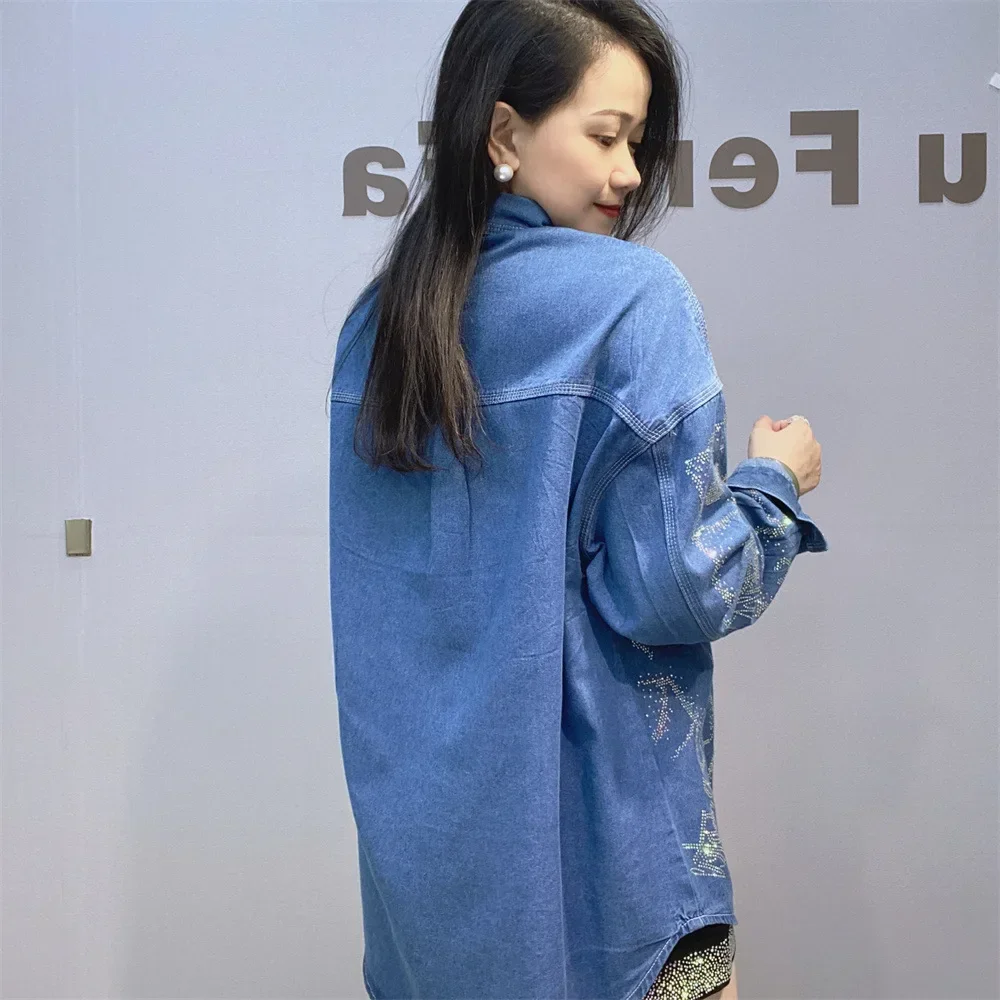 2024 Long Sleeve Cartoon Pattern Diamonds Denim Shirts Women Autumn Clothes Loose Mid-Length Jeans Blouse Costs Camisa Feminina