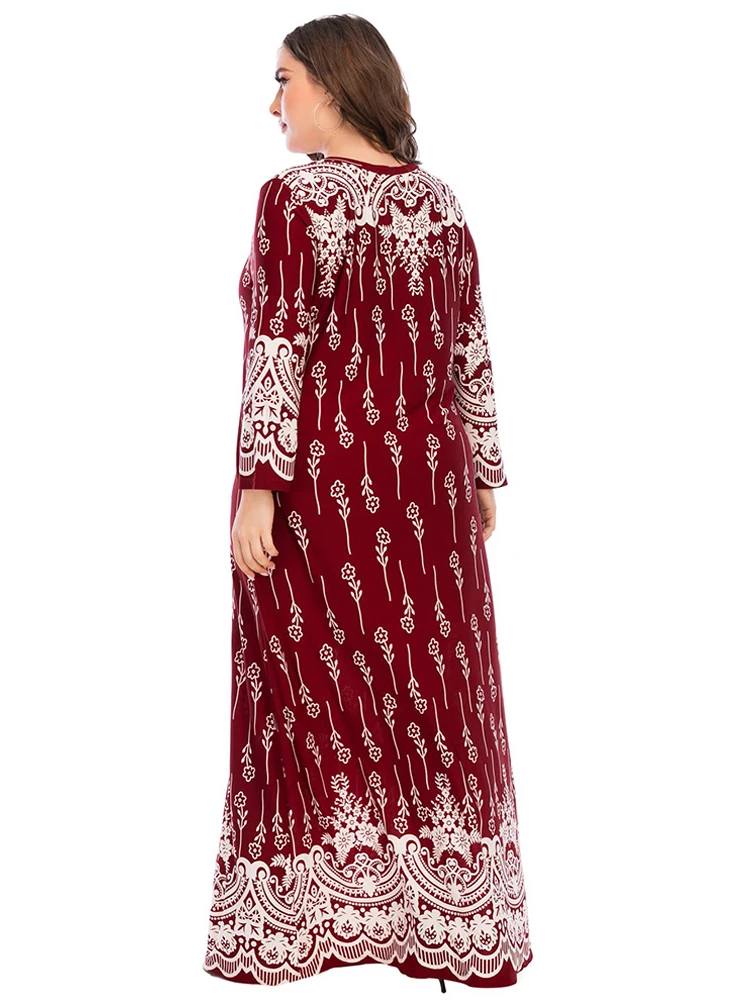 Abaya Muslim Dress Woman Autumn Winter Long Sleeve Retro Floral Print Maxi Long Dress Turkish Plus Size Islamic Clothing