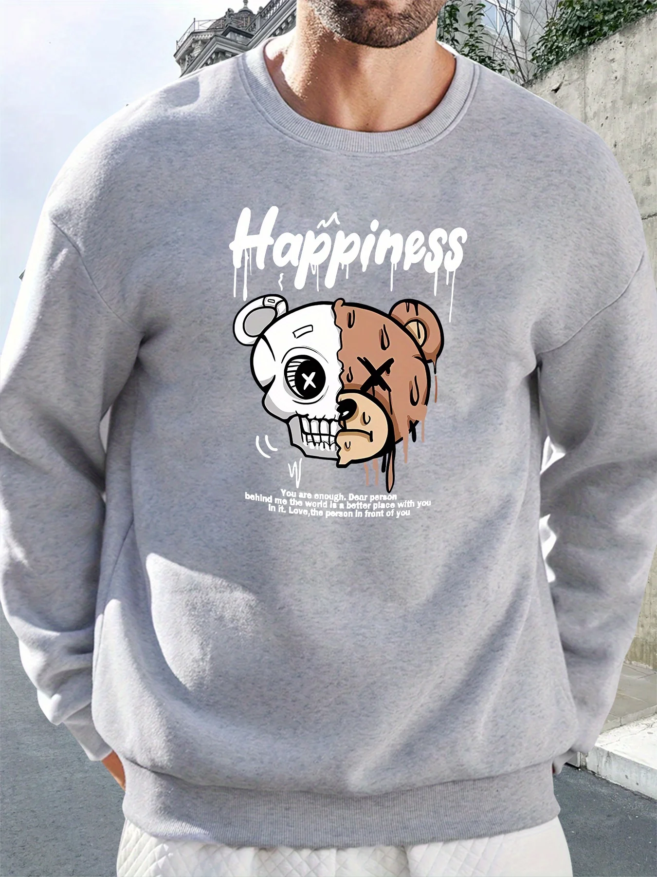

Мужская коричневая толстовка с рисунком — дизайн черепа и медведя «Счастье», свободный крой, длинный рукав, повседневный круглый вырез