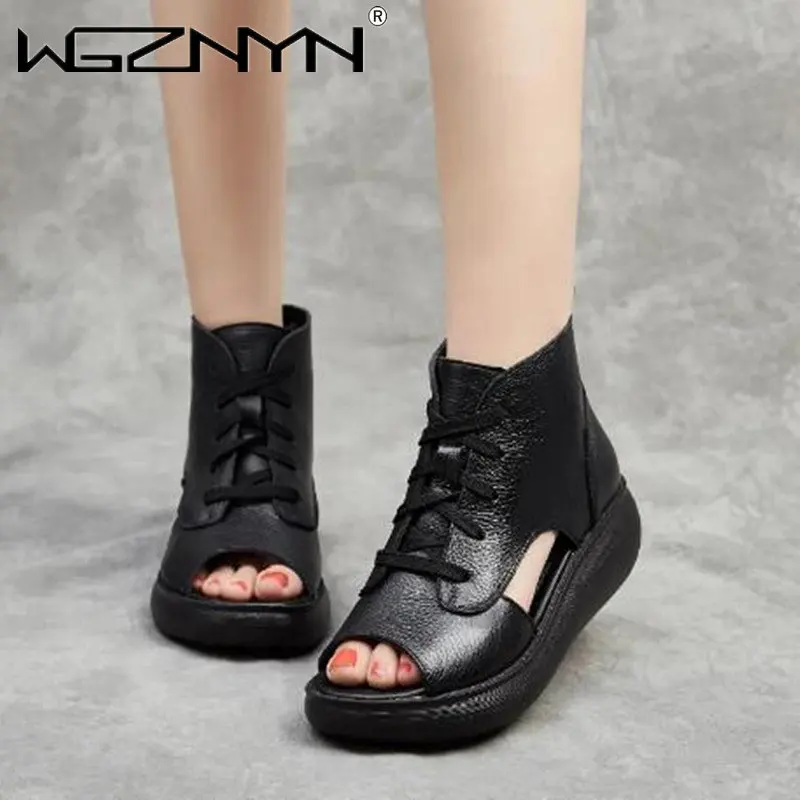 2023 NEW Summer National Style Retro Sandals Thick High Heels Peep Toe Genuine Leather Women Roman Sandals Ladies Short Boots