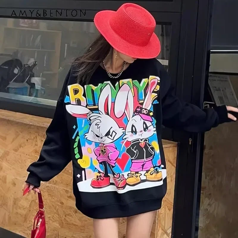 Oversized Casual Loose Graffiti Cartoon Printed Sweatshirts Women\'s Medium And Long Sweet Round Neck High-end Autumn Top Hoodies