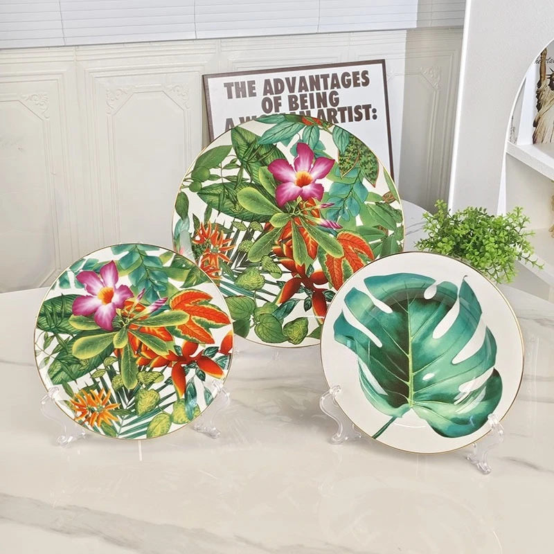 Tropical Style Bone China Tableware Set Drawing Gold Flower Dishes Home Hotel Housewarming Gift