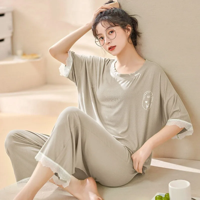 Pajamas Female Summertime Modal Short Sleeve Ninth Pants Loungewear Round Neck Fallow Comfort Two-piece Suit Solid Color Soft