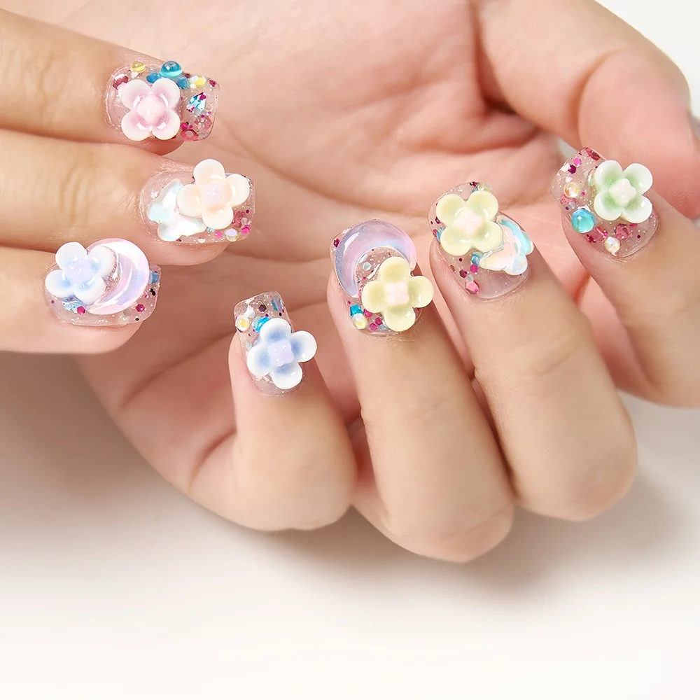 Faux ongles courts à motifs de fleurs de lune, nail art, doux, fait à la main, n64.court, 10 pièces