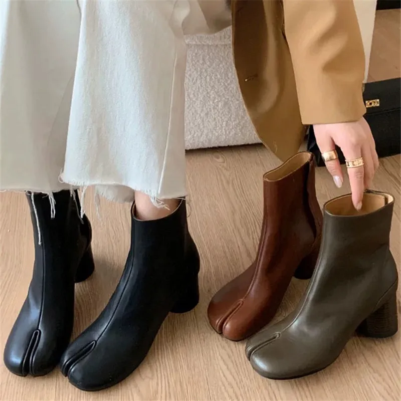 2026 Luxury Women Tabi Split Toe Genuine Leather Ankle Boots Chunky Block High Heel Booties Fall Winter Fashion Party Shoes