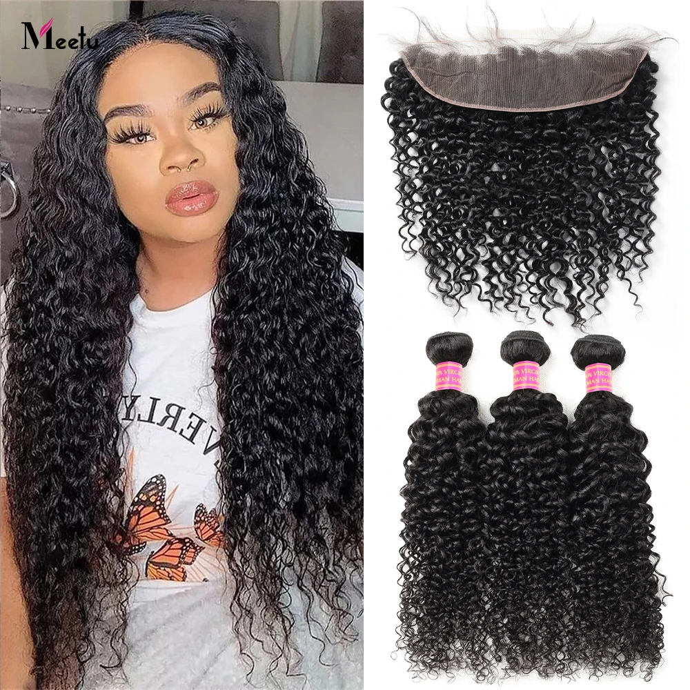 

Meetu Curly Human Hair Bundles With Frontal 13x4 HD Transparent Lace Frontal With Bundles Brazilian Remy Hair Weave Extensions