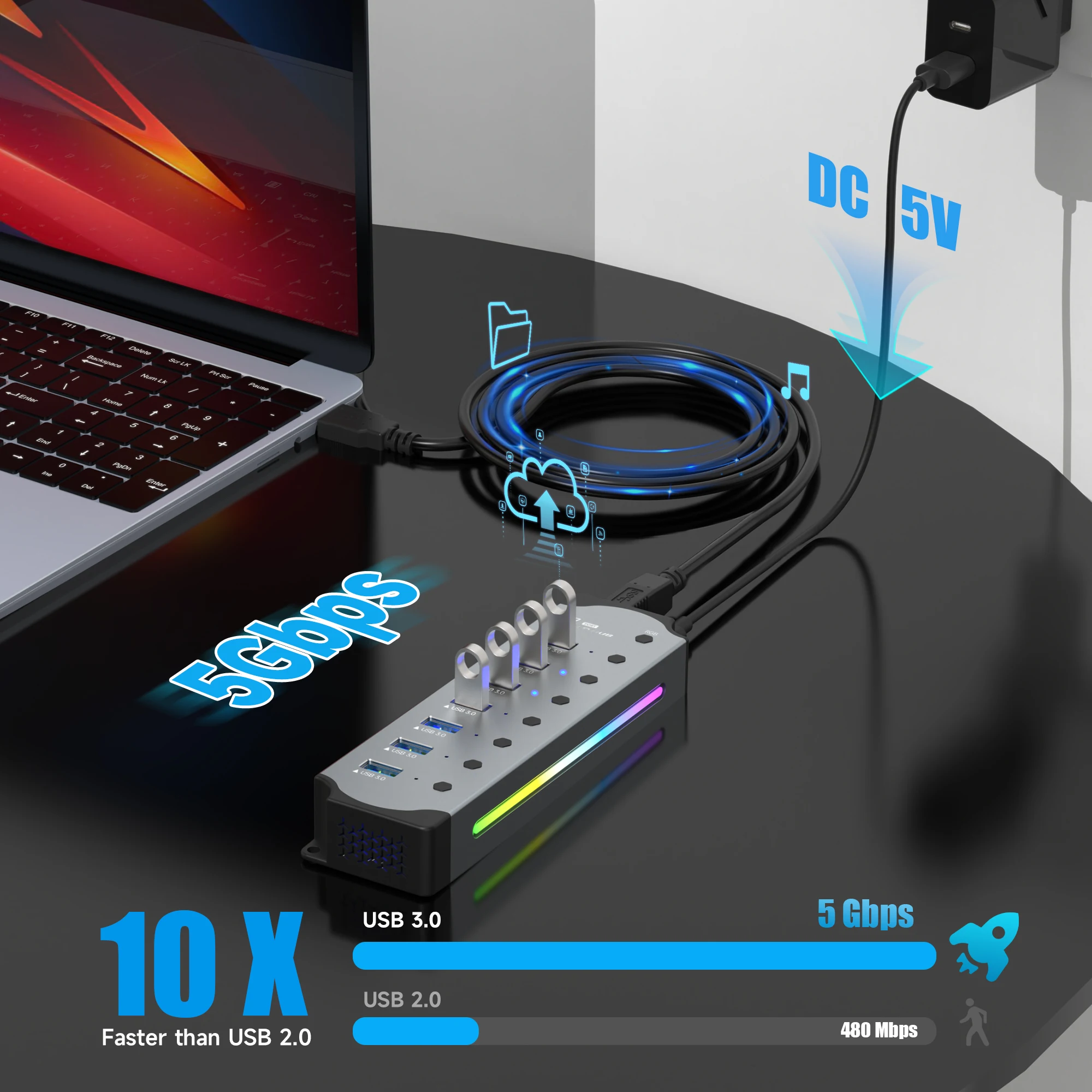 Imagem -02 - Rgb Porta Usb 3.0 Hub 5v 2.4a Adaptador de Energia Alta Velocidade Transferência de Dados Alumínio para pc Laptop