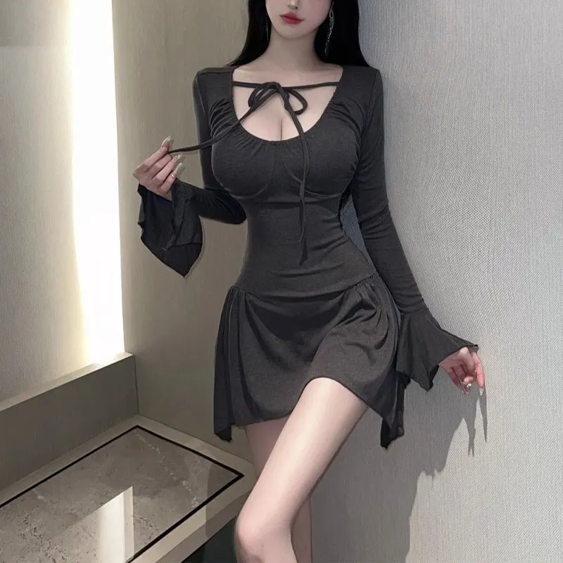 

Hotsweet Solid Color Mini Dress Spring Autumn Stylish Folds Waist Women's Clothing Drawstring Bow Aura Irregular Basic Dresses