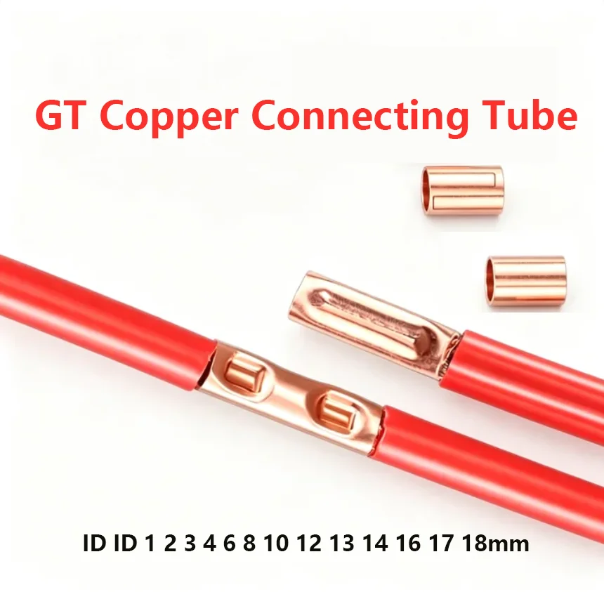 5Pcs ID 1 2 3 4 6 8-18mm GT Red Copper Connecting Tube Pure Copper Cable Lug Wire Butt Connector Copper Ferrule Wiring Sleeve