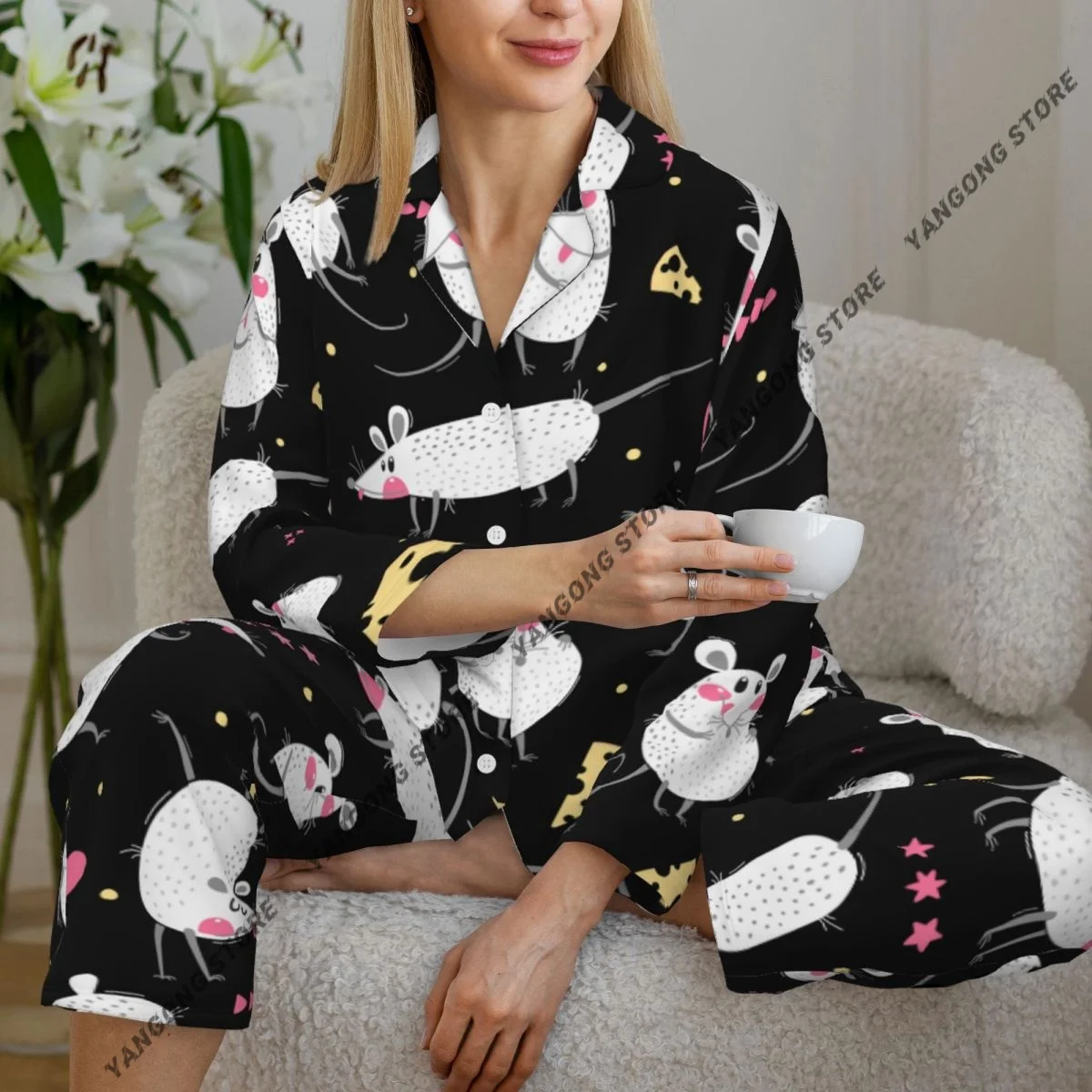 Women's Pajamas Long-sleeved Girl Loungewear Two-piece Set Cute Rats Funny Mice Pajamas for Autumn Spring