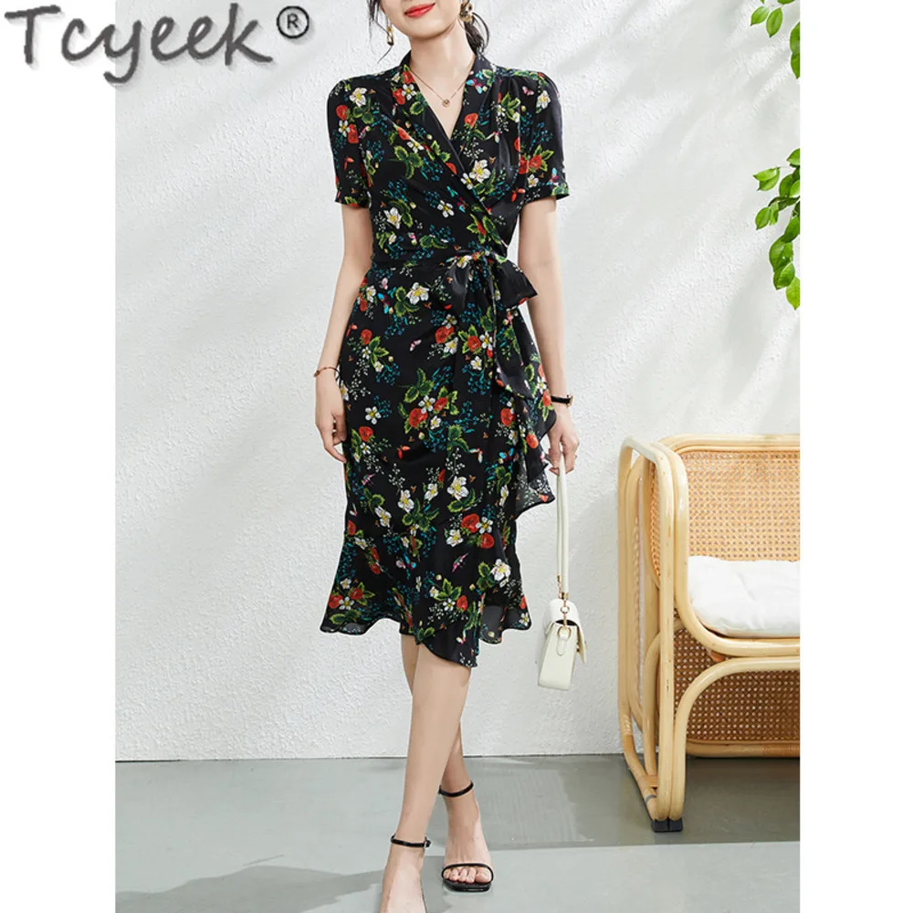 

High-end Tcyeek 100% Mulberry Silk for Women 2024 Summer Midi Print es Chic and Elegant Woman Dress Lace-up