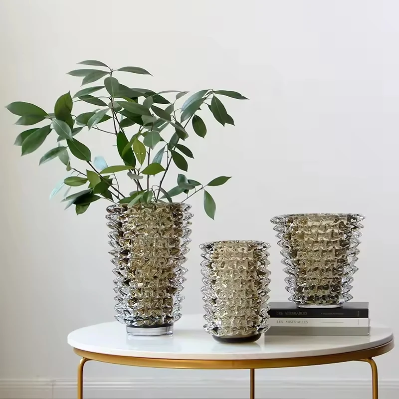 Modern Handmade Crinkled  Glass Art Vase Khaki Color  Prisms Spiky Thorn Design Thick Vases Flower Vessel