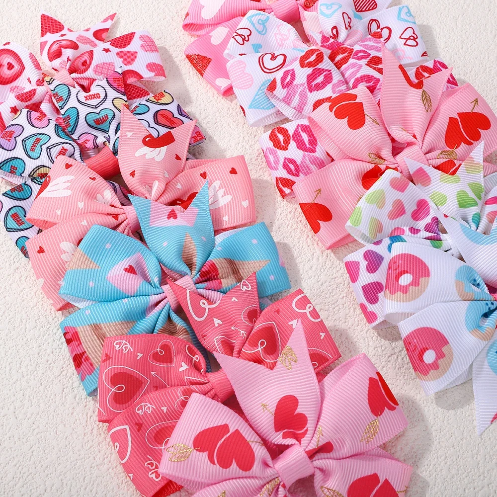 2 unids/set de horquillas con lazo estampado para el Día de San Valentín para niñas y niños, cinta para el pelo con lazo, Clip para animar, regalos de vacaciones, accesorios para el cabello