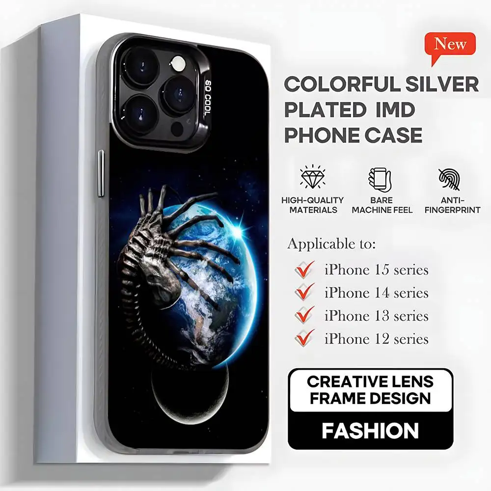 حافظة هاتف A-Alien E-Earth Xenomorph لهاتف iPhone17,16,15,14,13,12,11,Mini,Pro,MAX,plus,Black Matte غطاء مقاوم للصدمات